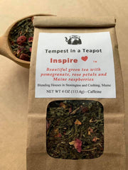 Green Tea - Inspire Love - 4 oz loose green tea with pomegranate, rose petals, Maine raspberries and essences