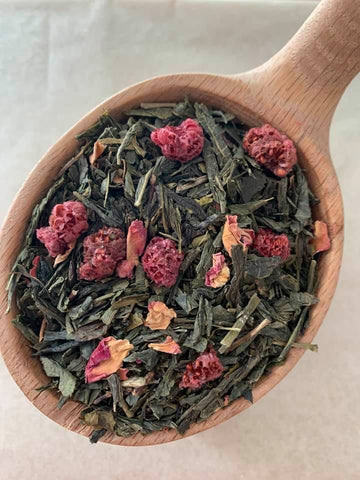 Green Tea - Inspire Love - 4 oz loose green tea with pomegranate, rose petals, Maine raspberries and essences