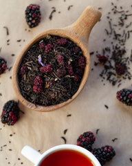 Backyard Blackberry Tea - 4 oz.  Bold morning black tea blended with Maine blackberries!  So smooth.  Ingredients:  Blend of eight black teas, blackberries, blackberry natural flavorings, blackberry leaves and blue mallow flowers.  Enjoy!